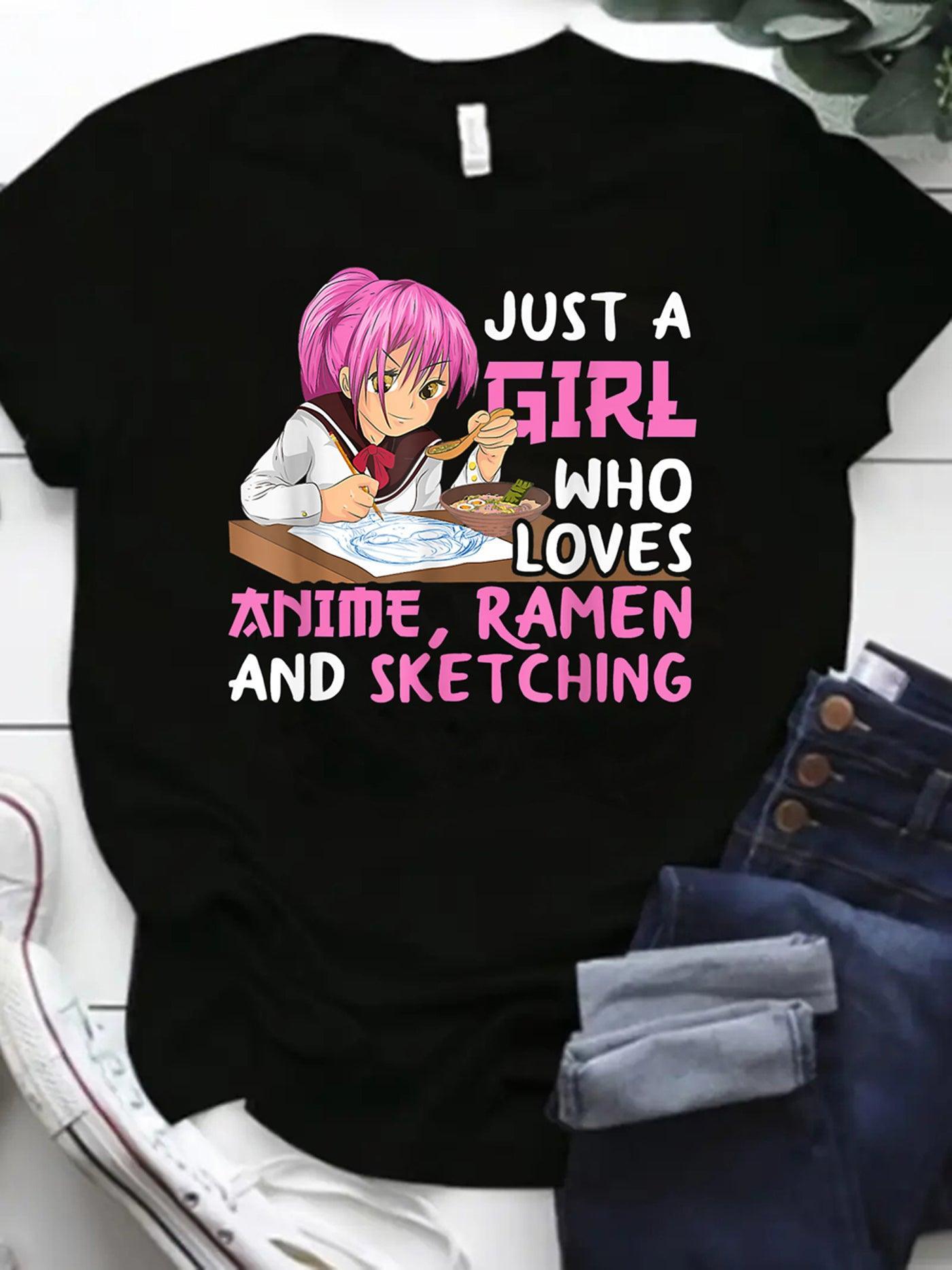 Womens Anime Letter Print T-Shirt - Soft Cotton Blend Crew Neck Top - Trendy Casual Short Sleeve for Spring & Summer - A Versatile Fashion Staple, Perfect Gift - Rexpect Nerd