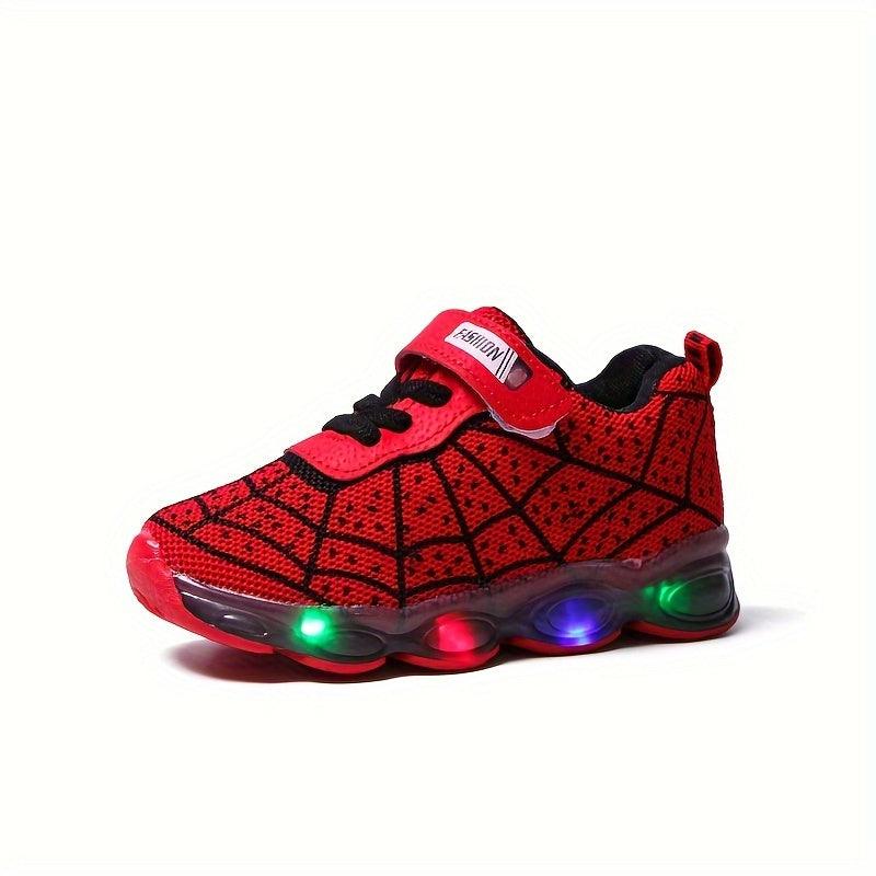 Boys LED Spider Net Sneakers - Fashionable & Durable Athletic Shoes with Cool Spider Web Design - Lightweight, Breathable & Non-slip for Walking, Running & Training - Rexpect Nerd