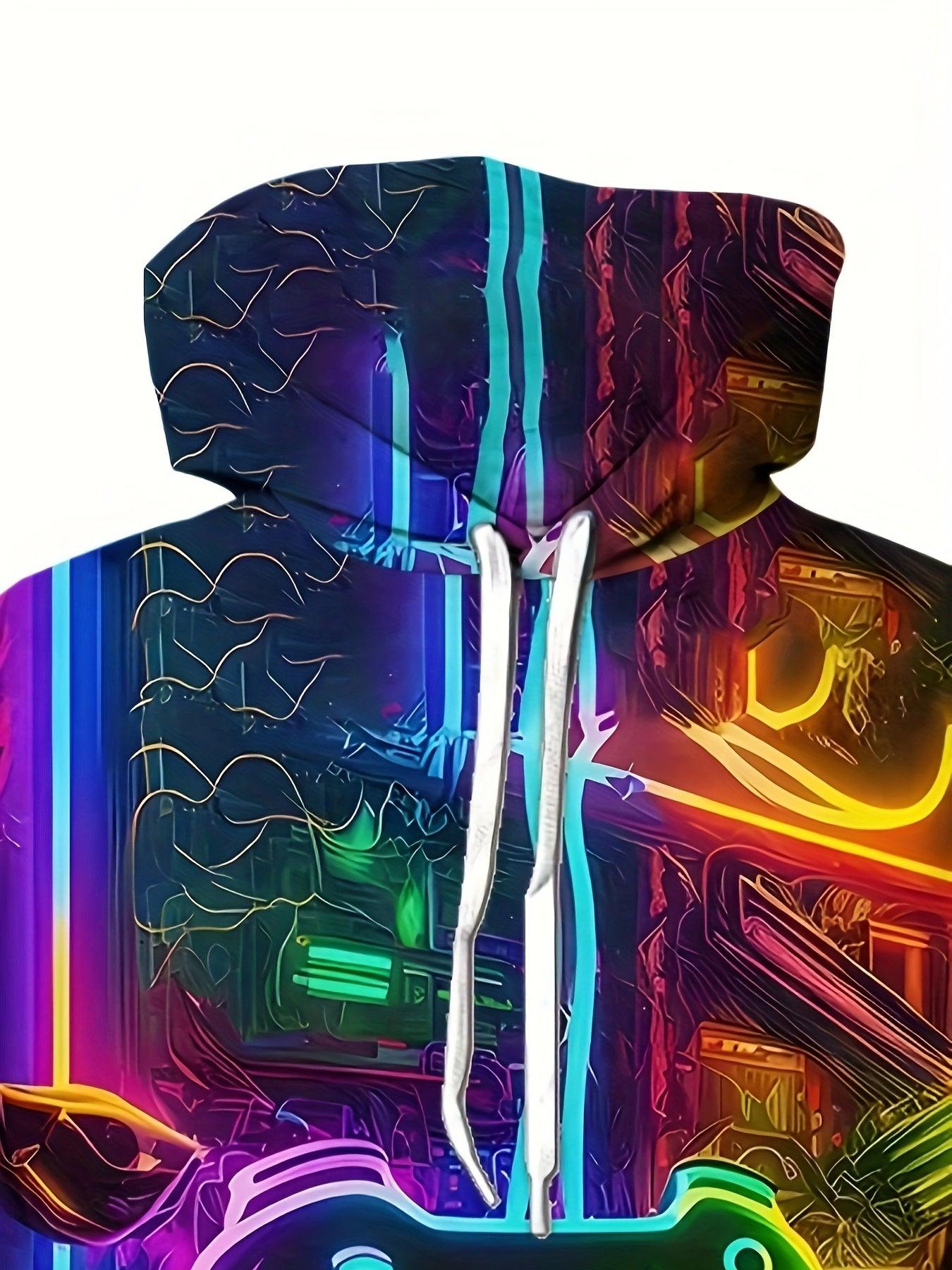 Cyberpunk Inspired Geometric Pattern Hooded Sweatshirt - Medium Stretch, Regular Fit, Polyester Knit Fabric, Drawstring, Pocket - Fall Winter Streetwear Hoodie Perfect as Gift - Rexpect Nerd