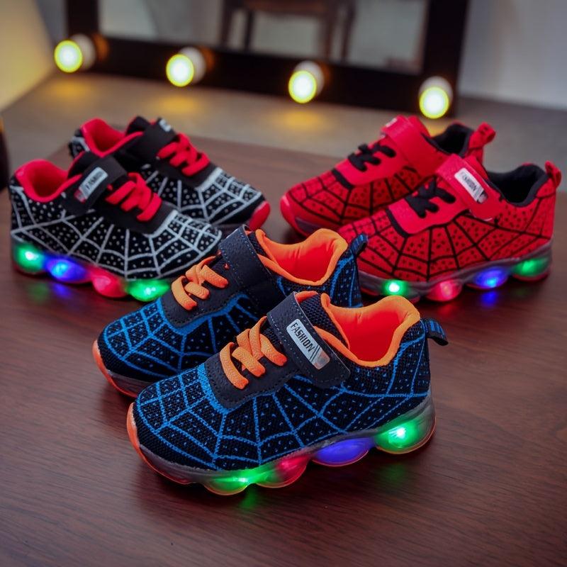 Boys LED Spider Net Sneakers - Fashionable & Durable Athletic Shoes with Cool Spider Web Design - Lightweight, Breathable & Non-slip for Walking, Running & Training - Rexpect Nerd