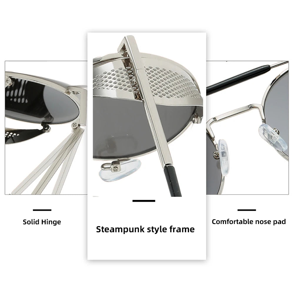 VIVIBEE Steampunk Round Sunglasses – Gothic Punk Retro Metal Goggles