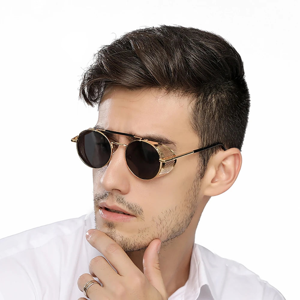 VIVIBEE Steampunk Round Sunglasses – Gothic Punk Retro Metal Goggles