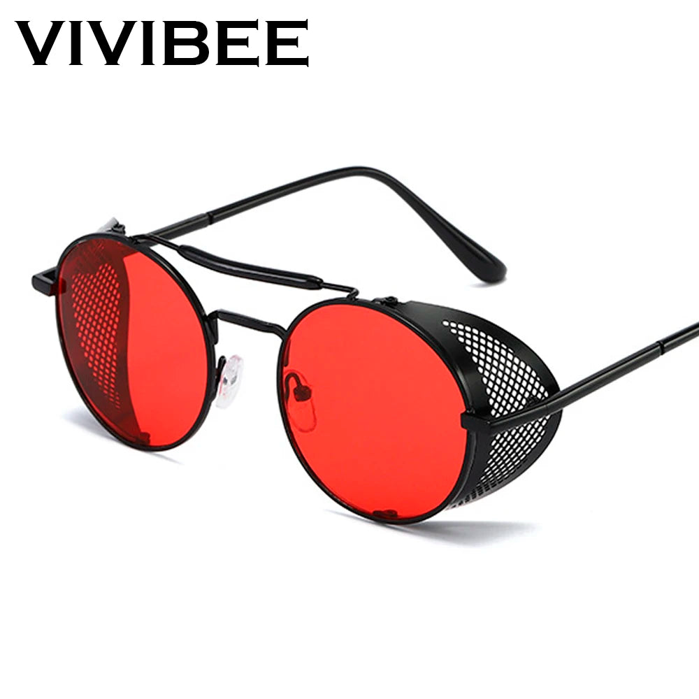 VIVIBEE Steampunk Round Sunglasses – Gothic Punk Retro Metal Goggles