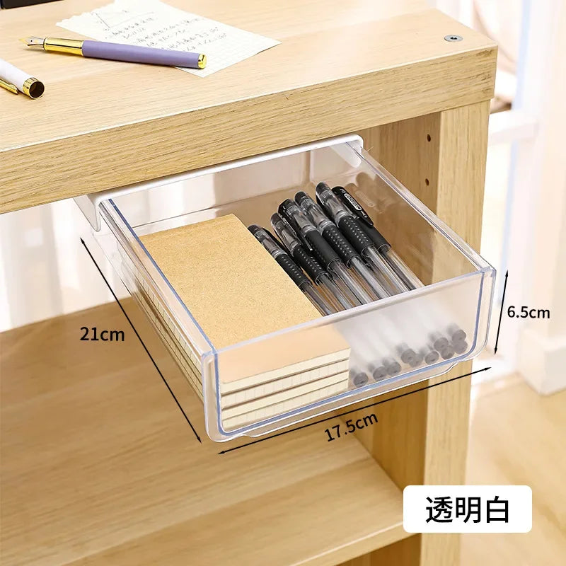 Clear Under Desk Hidden Drawer Office Storage Box Organizer Drawer Desk Supplies Holder Rack Memo Pen Stationery Storage Tray
