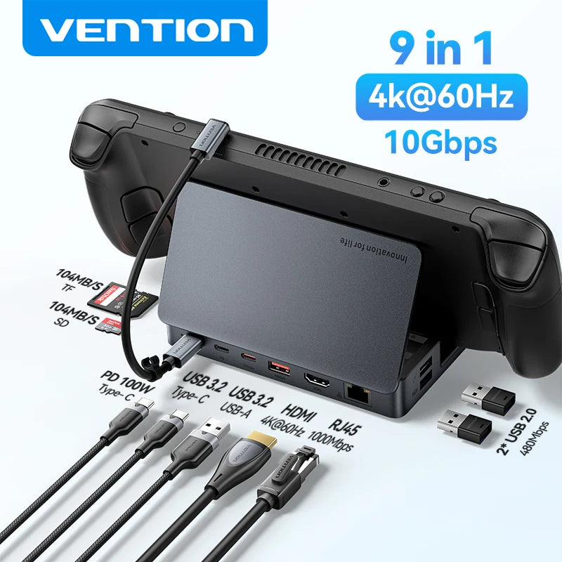 Vention USB C Docking Station for Steam Deck HDMI 4K60Hz USB 3.2 10Gbps RJ45 SD&TF Dock for Switch Asus ROG LEGION Go iPhone HUB