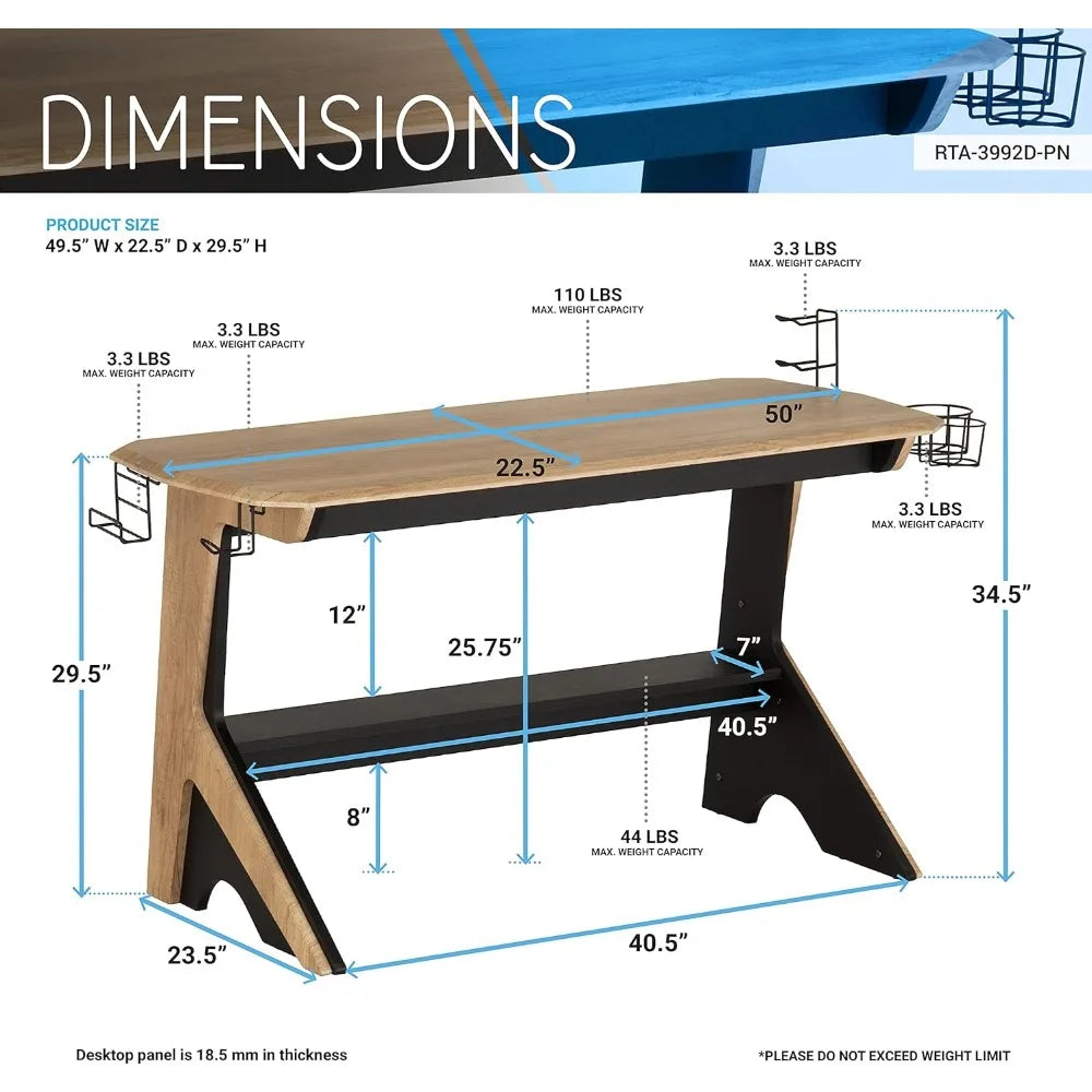 Home Office Computer Writing Desk Workstation with Two Cupholders and a Headphone Hook-Pine, 50" W x 22.5" D x 29.5" H