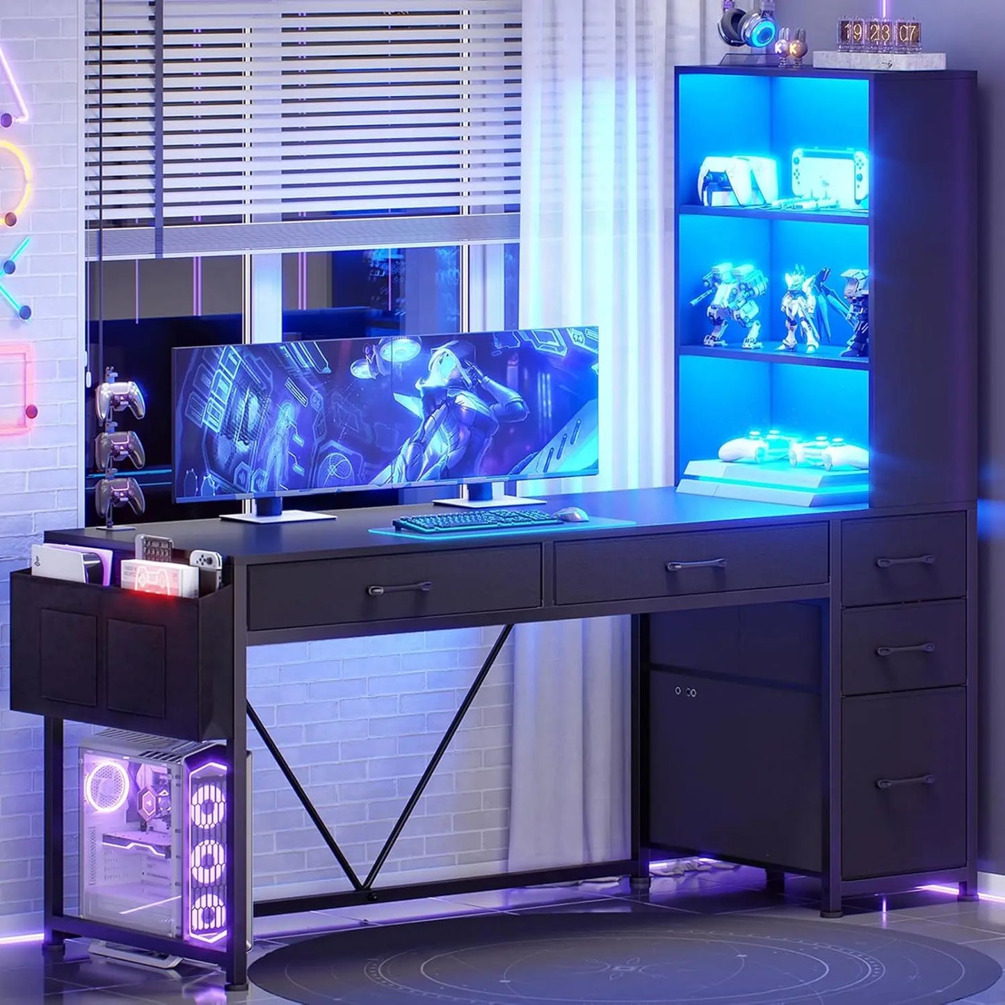 Computer Desk with 5 Drawers and Bookshelf, Reversible Home Office Desk with Storage Shelves and File Drawer, Gaming Corner