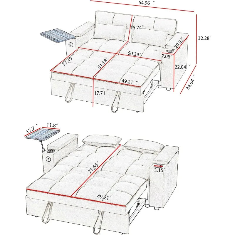 home.65'' 3-in-1 Folding Convertible Sofa Bed, Pullout Sofa, Modern Chenille Fabric, 360° Swivel Side Table, Easy Assembly, Perf