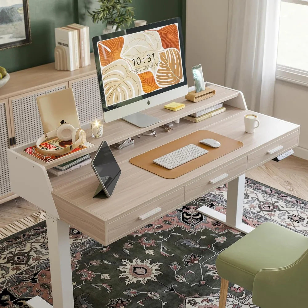 Electric Standing Desk with Drawers, 55x26 Inch Adjustable Height, Stand Up Desk with Monitor Shelf, Sit Stand Home Office Desk