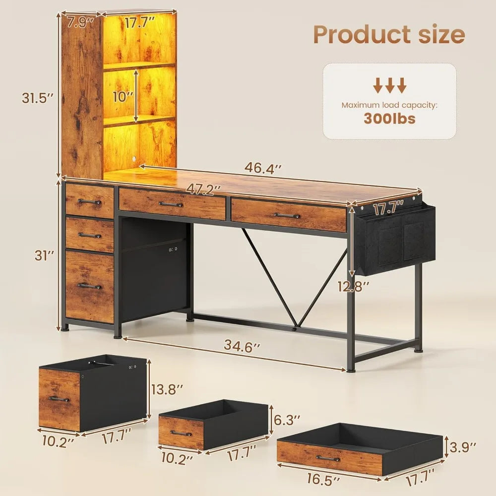 Computer Desk with 5 Drawers and Bookshelf, Reversible Home Office Desk with Storage Shelves and File Drawer, Gaming Corner