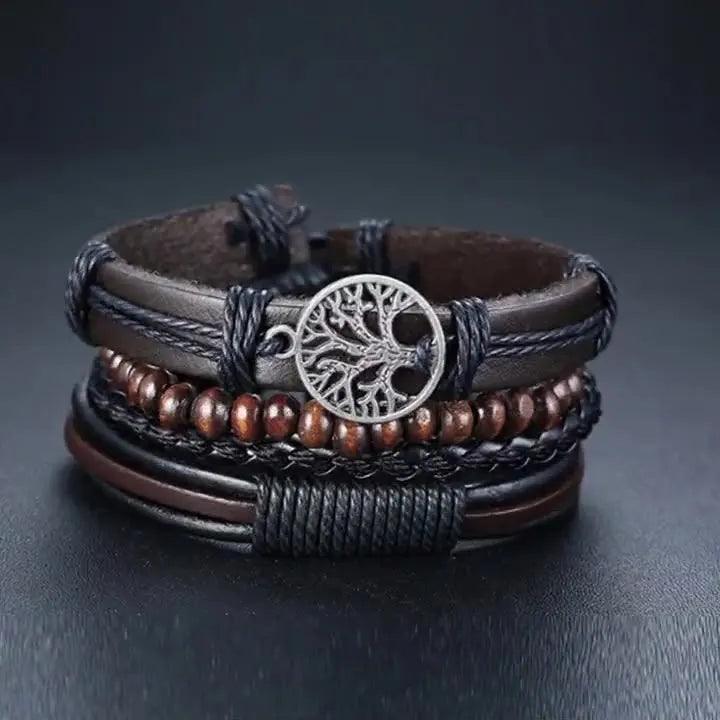 Vintage Bronze Feather Charm Leather Bracelet Set – 4 Pcs Adjustable Wrap Jewelry for Men & Women
