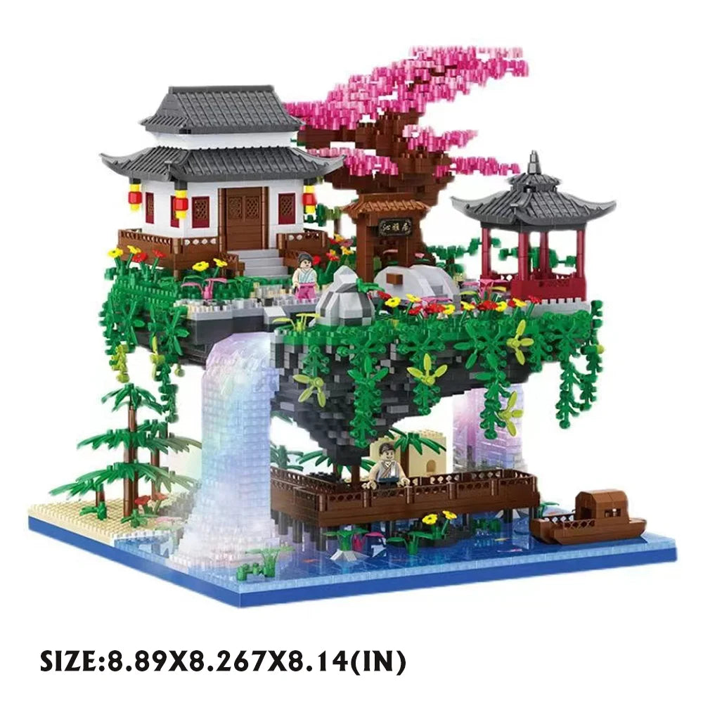 Chinese Architecture Peach Blossom Pond Mini Building Block Set Sakura Bonsai Japanese Sakura House Lantern Gift Toy