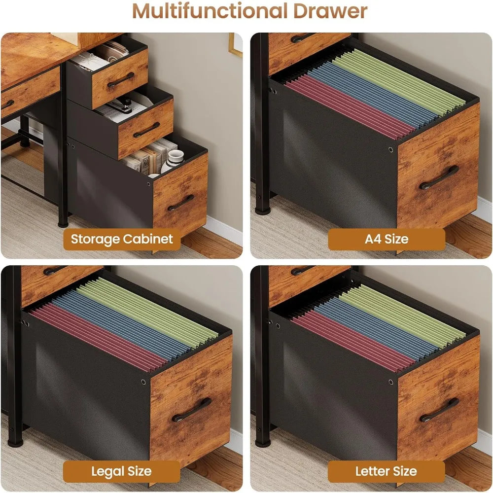 Computer Desk with 5 Drawers and Bookshelf, Reversible Home Office Desk with Storage Shelves and File Drawer, Gaming Corner