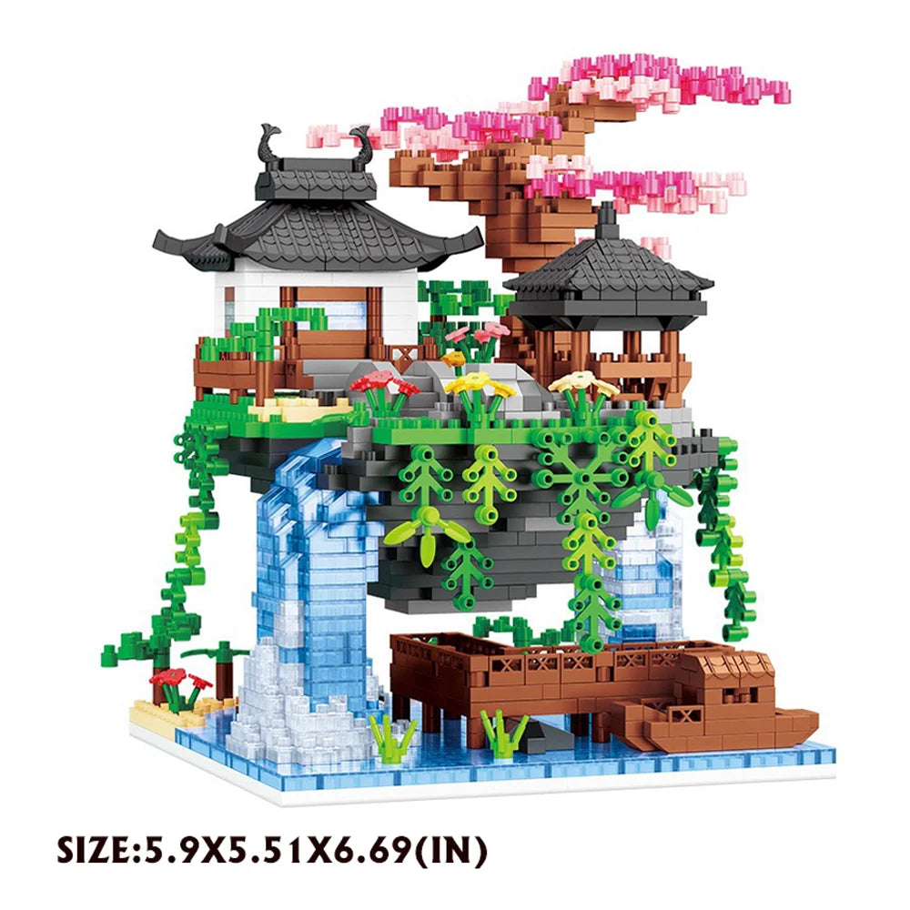 Chinese Architecture Peach Blossom Pond Mini Building Block Set Sakura Bonsai Japanese Sakura House Lantern Gift Toy