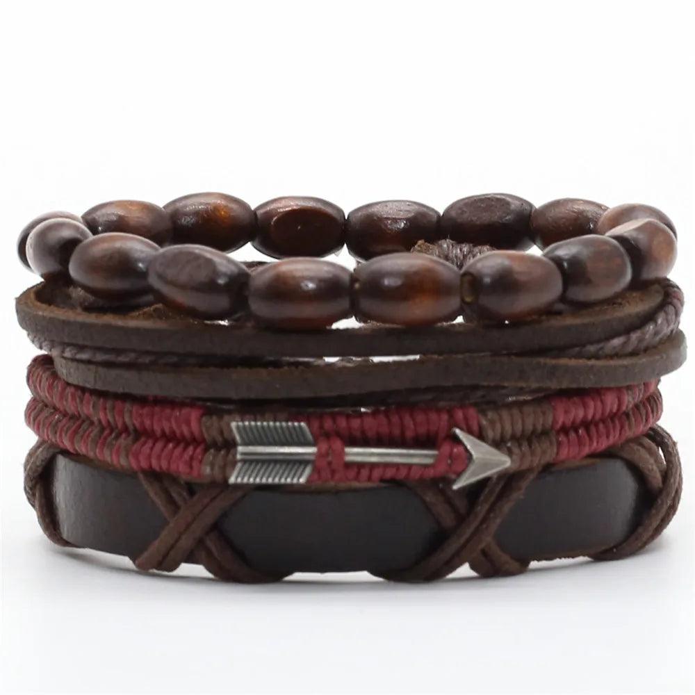 Vintage Bronze Feather Charm Leather Bracelet Set – 4 Pcs Adjustable Wrap Jewelry for Men & Women
