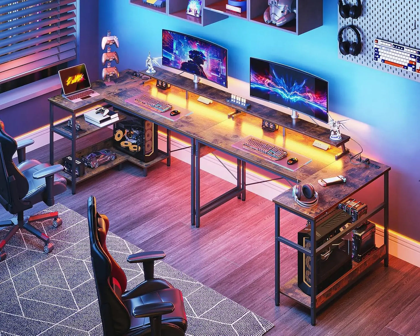 48 Inch Gaming Desk with USB Charging Ports and LED Lights,Reversible L Shaped Computer Desk with Storage Shelves Monitor Stand