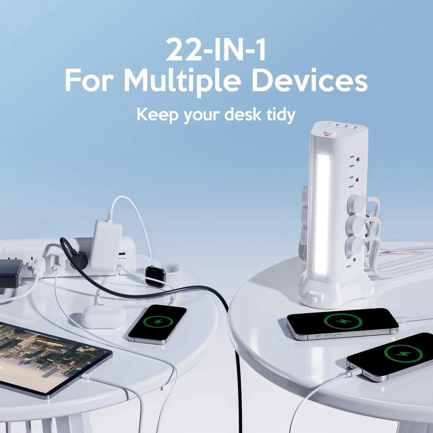 22-in-1 Power Tower with USB-C & Tri-Color Lamp | Surge Protected