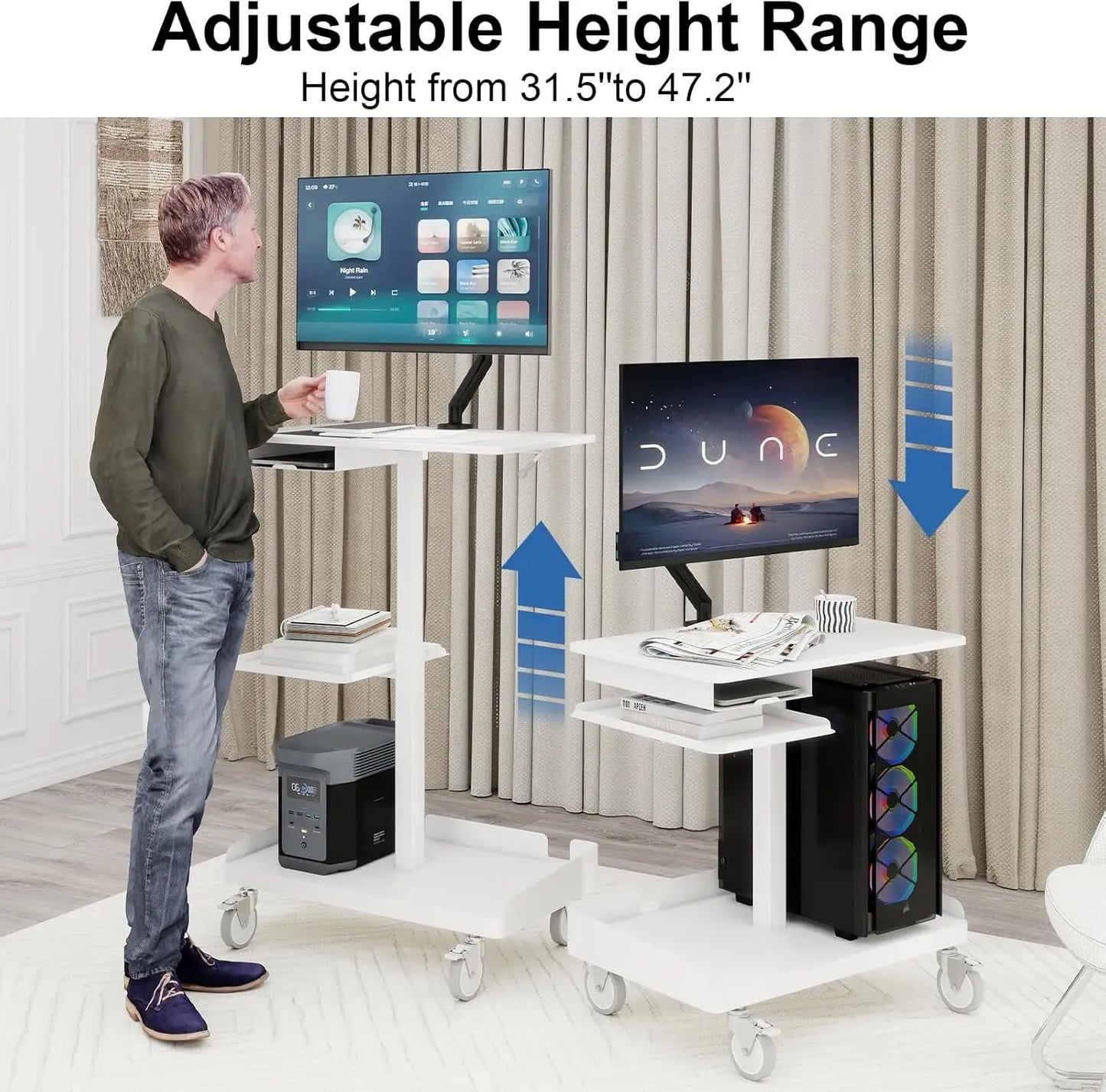 Mobile Workstation Cart with Monitor Mount,Height Adjustable Rolling Computer Cart, Heavy-Duty Rolling Standing Desk