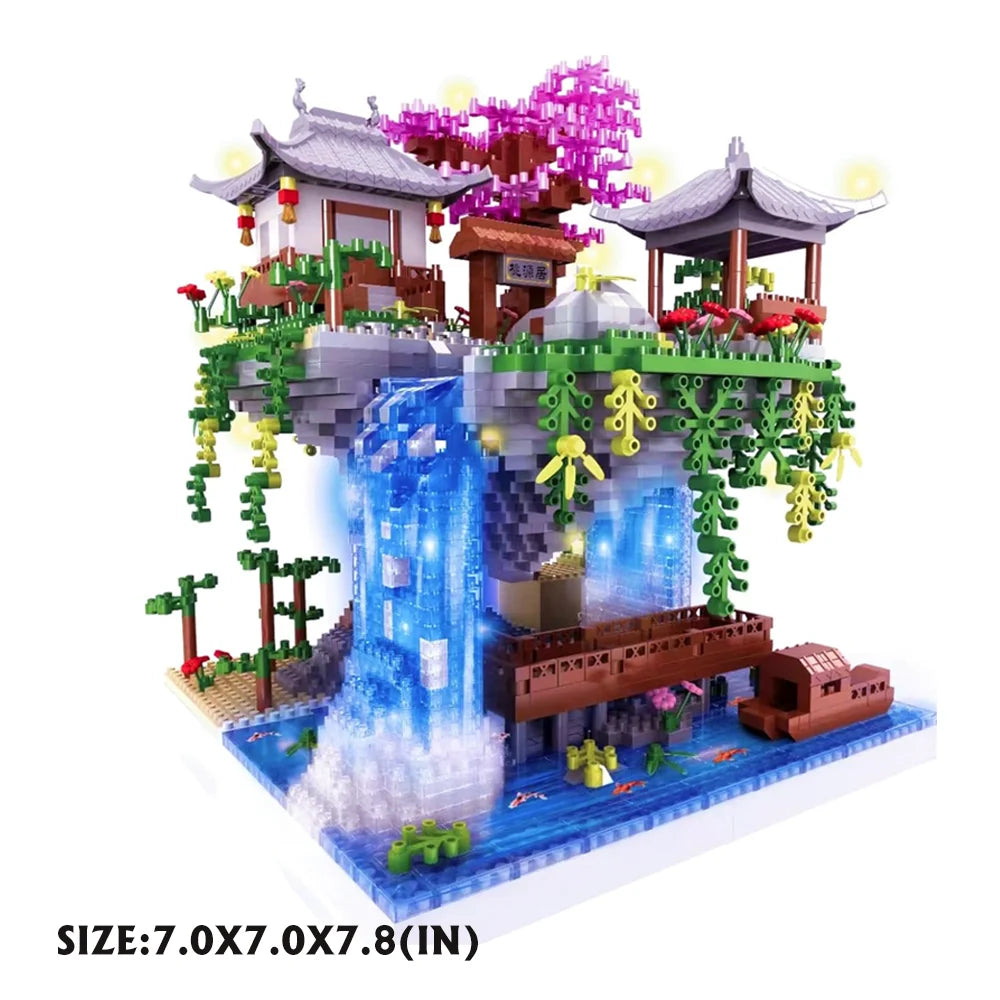 Chinese Architecture Peach Blossom Pond Mini Building Block Set Sakura Bonsai Japanese Sakura House Lantern Gift Toy
