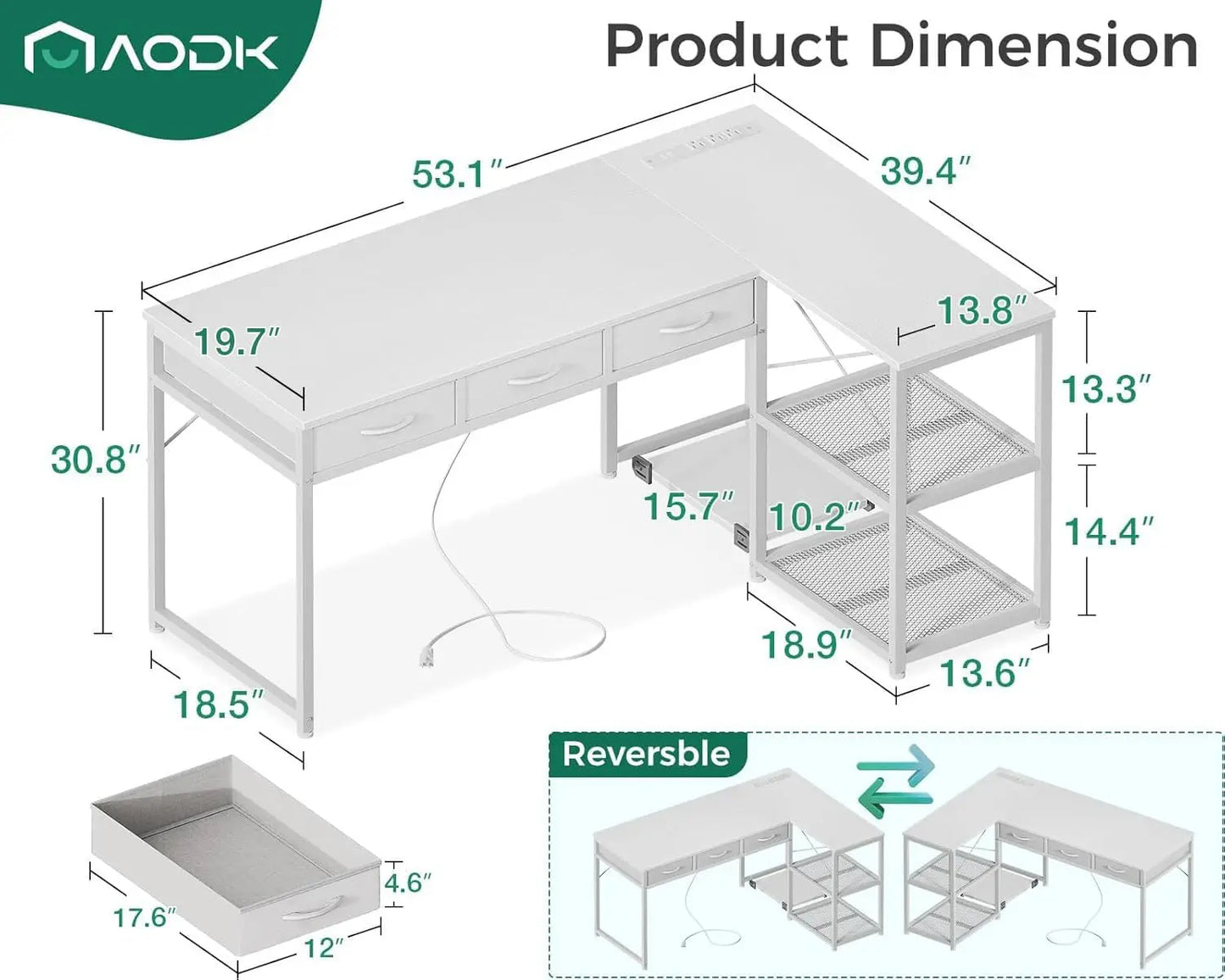 53 Inch L Shaped Computer Desk with Drawers, Corner Desk with Power Outlets & Reversible Storage Shelves, Movable CPU Stand