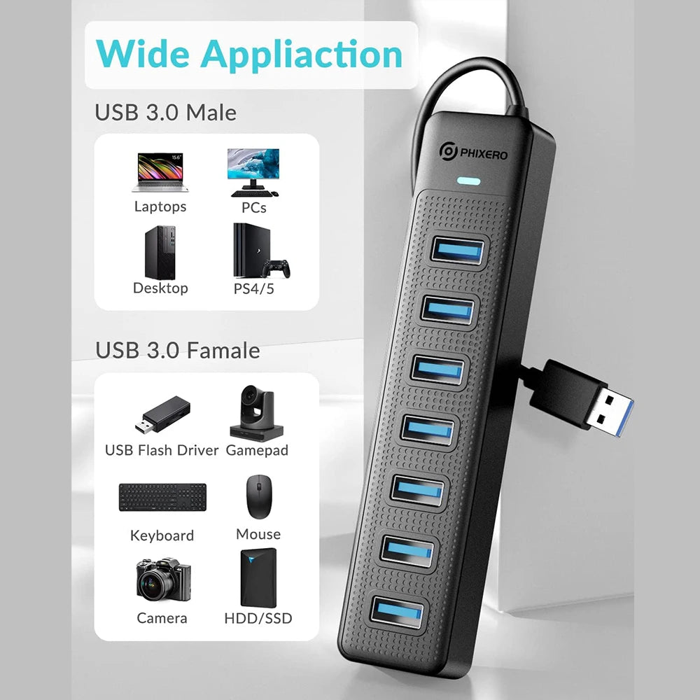 PHIXERO 7 in 1 USB C HUB 3.0 Type C 7 Port Multi Splitter Adapter OTG USB Power Adapter for Macbook Pro 13 Air Mi Pro PC Laptop