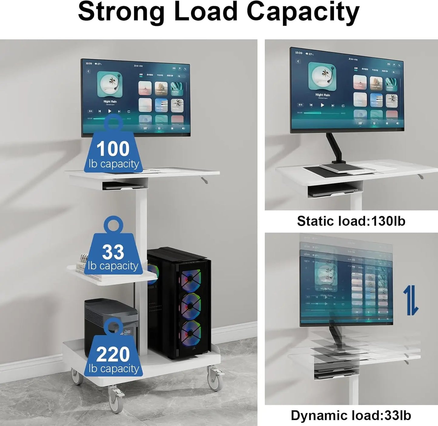 Mobile Workstation Cart with Monitor Mount,Height Adjustable Rolling Computer Cart, Heavy-Duty Rolling Standing Desk