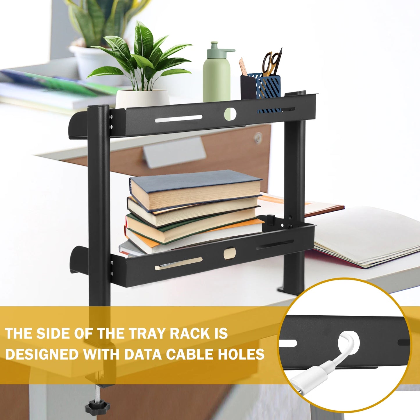 2 Tiers Clamp-on Desk Shelf No Drill Desk Organizer Rack Space Saving Adjustable Metal Computer Desktop Clamp High Load-Bearing