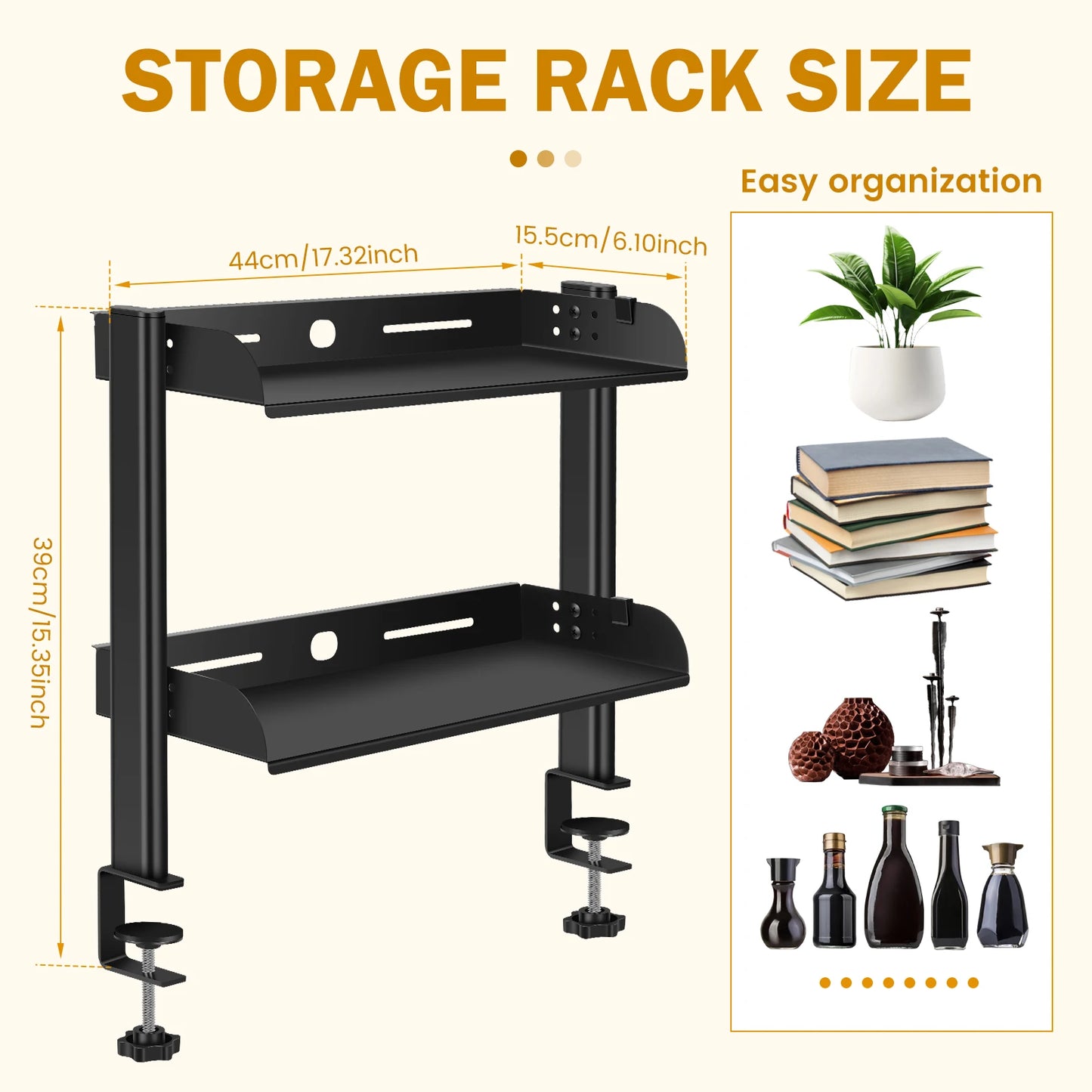 2 Tiers Clamp-on Desk Shelf No Drill Desk Organizer Rack Space Saving Adjustable Metal Computer Desktop Clamp High Load-Bearing
