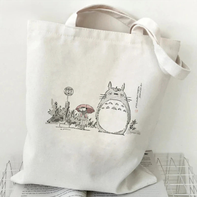 Totoro Studio Ghibli Fashion Print Ladies Shopping Bag Handbag Foldable Reusable Harajuku Style Bag Student Tote Bag Storage Bag