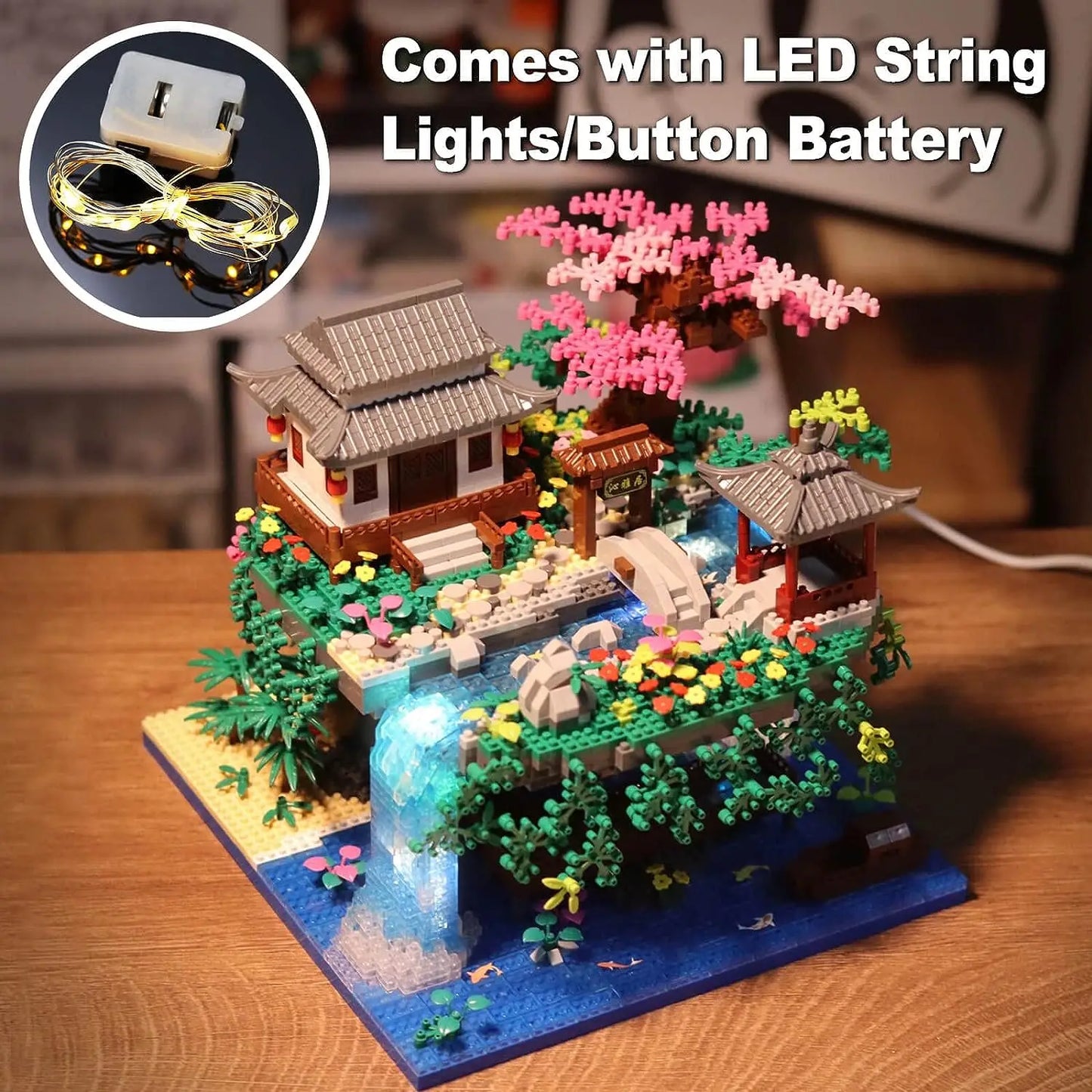 Chinese Architecture Peach Blossom Pond Mini Building Block Set Sakura Bonsai Japanese Sakura House Lantern Gift Toy