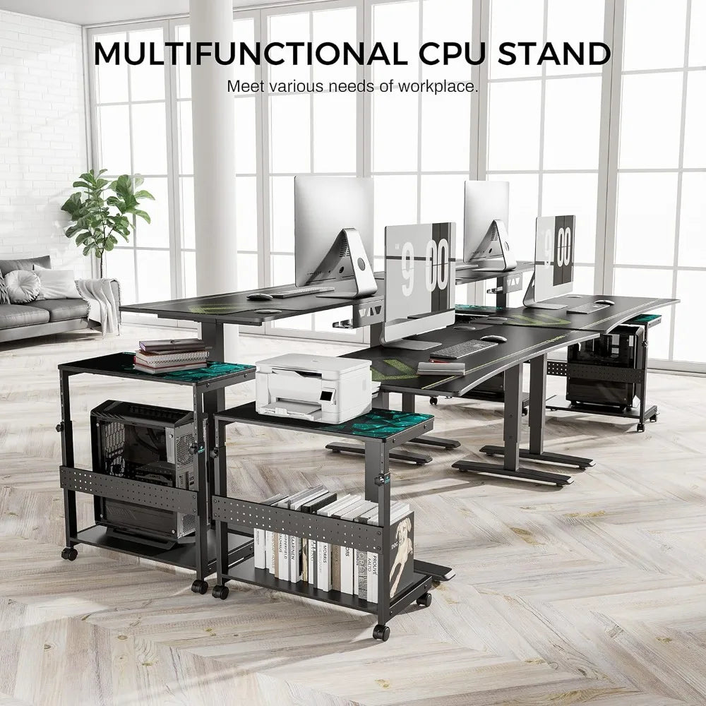 Height Adjustable Computer Tower Stand, 2-Tier ATX-Case CPU Holder Cart Under Desk, Mobile PC Standing Table Home Office