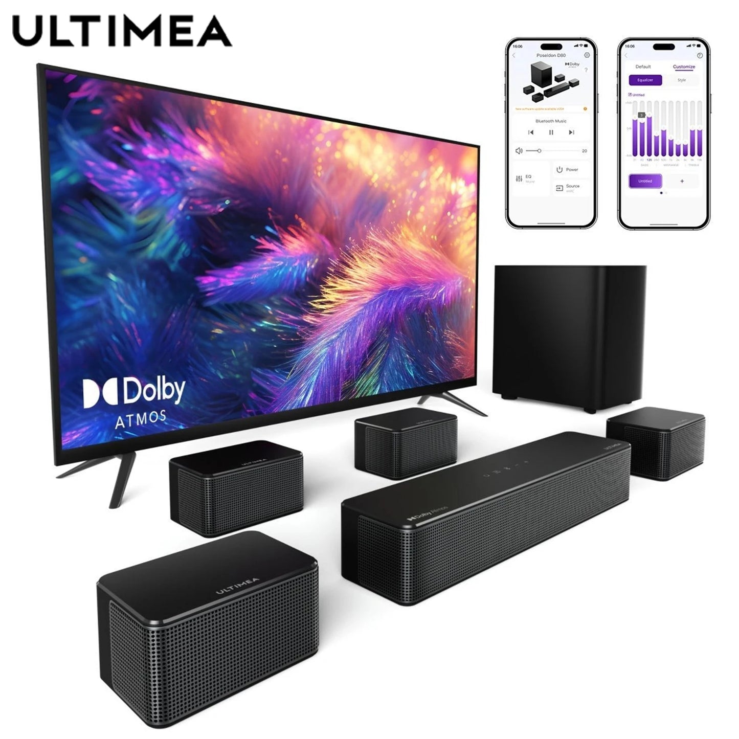ULTIMEA Poseidon D80 7.1 Surround Soundbar with Dolby Atmos, Wireless Subwoofer&4 Speakers, Home Theater System with APP Control
