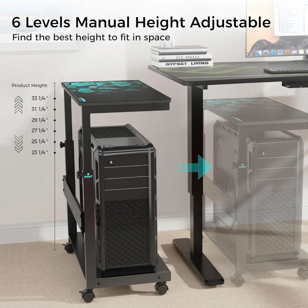 Height Adjustable Computer Tower Stand, 2-Tier ATX-Case CPU Holder Cart Under Desk, Mobile PC Standing Table Home Office