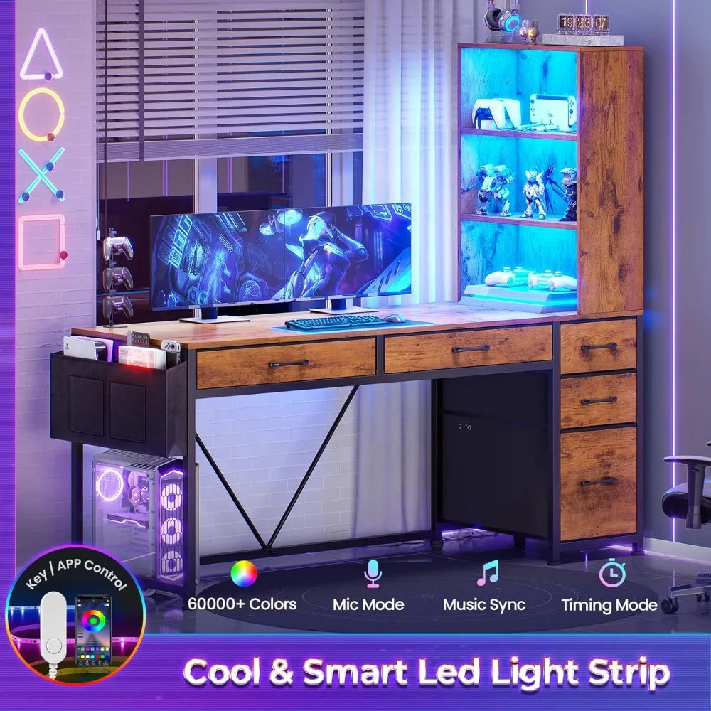 Computer Desk with 5 Drawers and Bookshelf, Reversible Home Office Desk with Storage Shelves and File Drawer, Gaming Corner