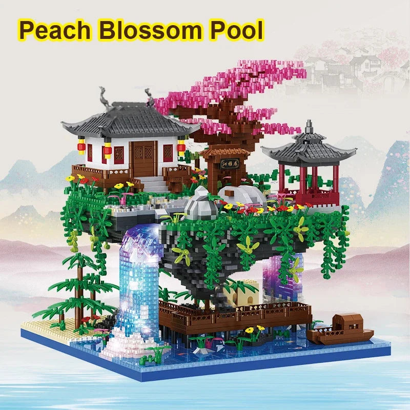 3320 Pcs Tree House Mini Diamond Block Particle Peach Blossom Pool Traditional With Light Chinese Architecture Building Blocks