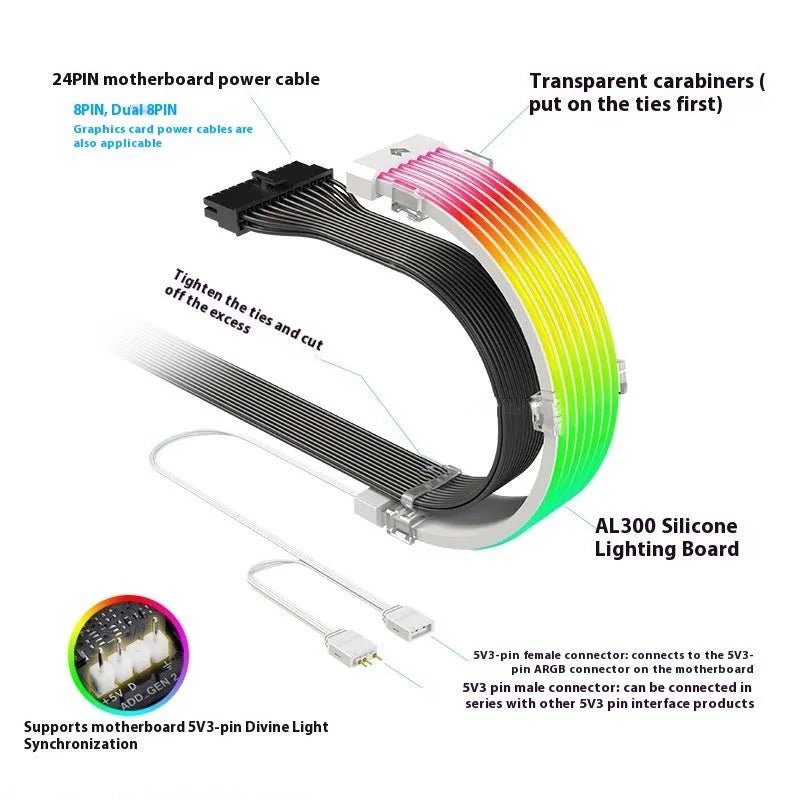 5V 3Pin ARGB Sync PC Cable 8/24PIN Motherboard Power Extension Cable Flexible LED Strip Light DIY Kit for Computer Power Supply