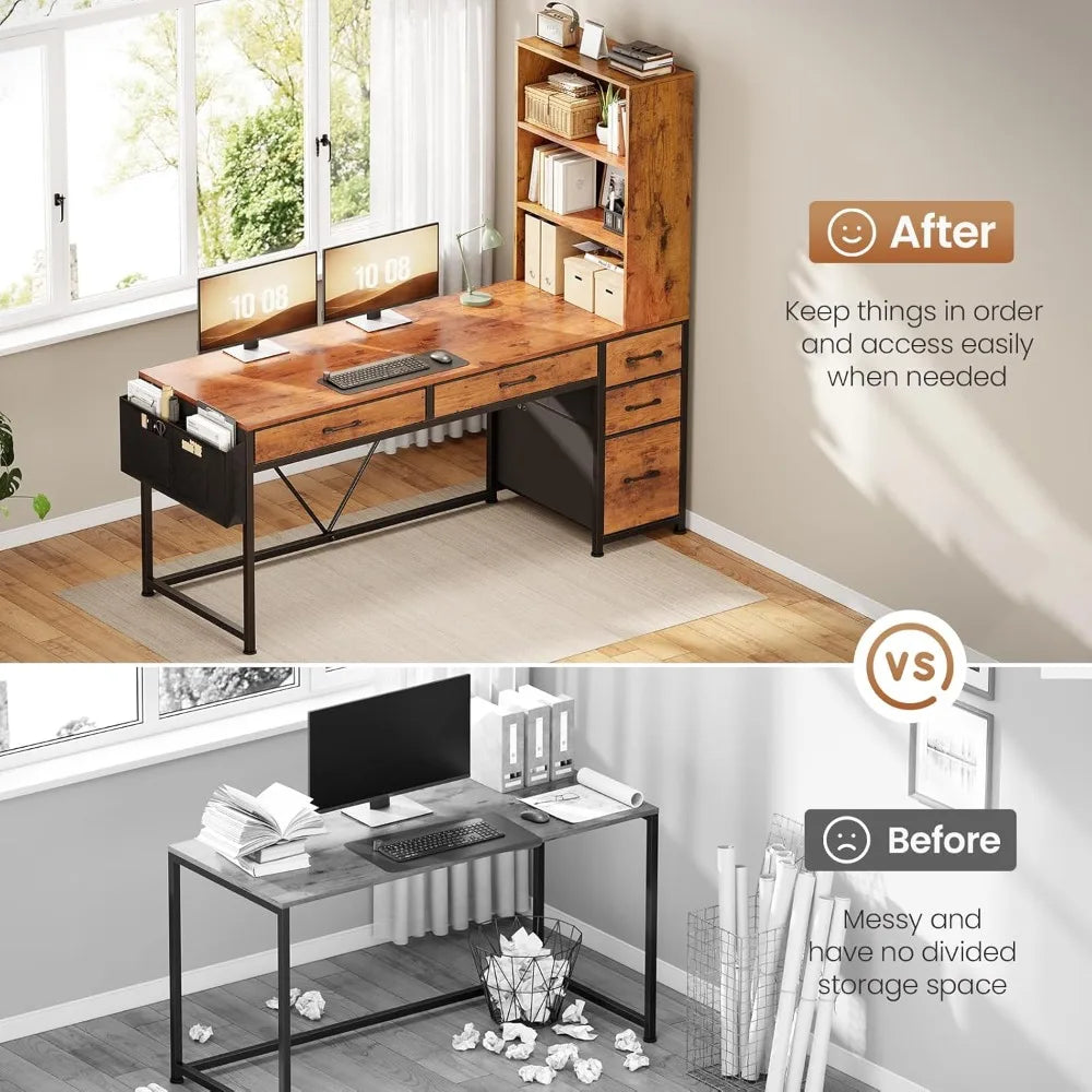Computer Desk with 5 Drawers and Bookshelf, Reversible Home Office Desk with Storage Shelves and File Drawer, Gaming Corner