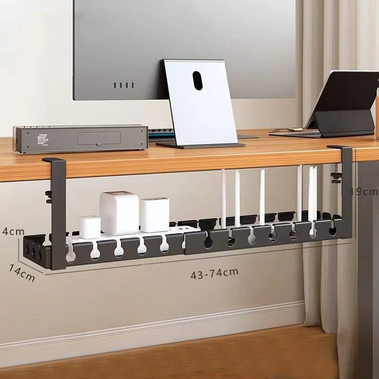 Under Desk Cable Management Tray No Drill Iron Power Strip Holder Wire Cord Organizer Clamp Mount for Home Office Desk