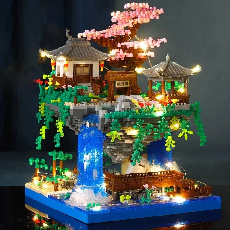 3320 Pcs Tree House Mini Diamond Block Particle Peach Blossom Pool Traditional With Light Chinese Architecture Building Blocks