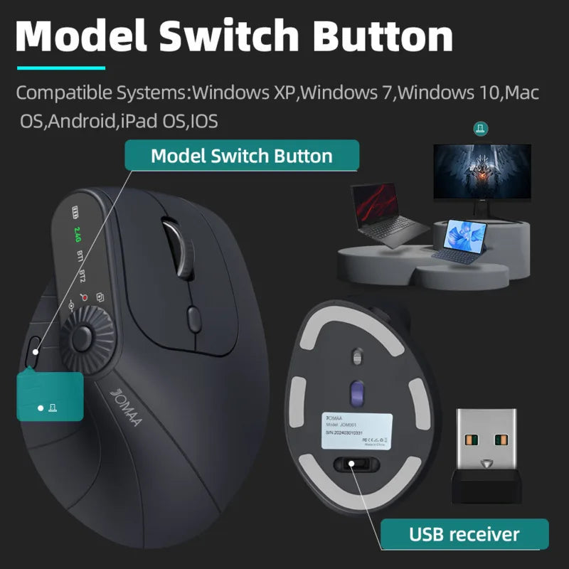 Wireless Vertical Mouse Rechargeable Optical Mice With Function Adjustment Knob Ergonomic Mouse for Multi-Purpose