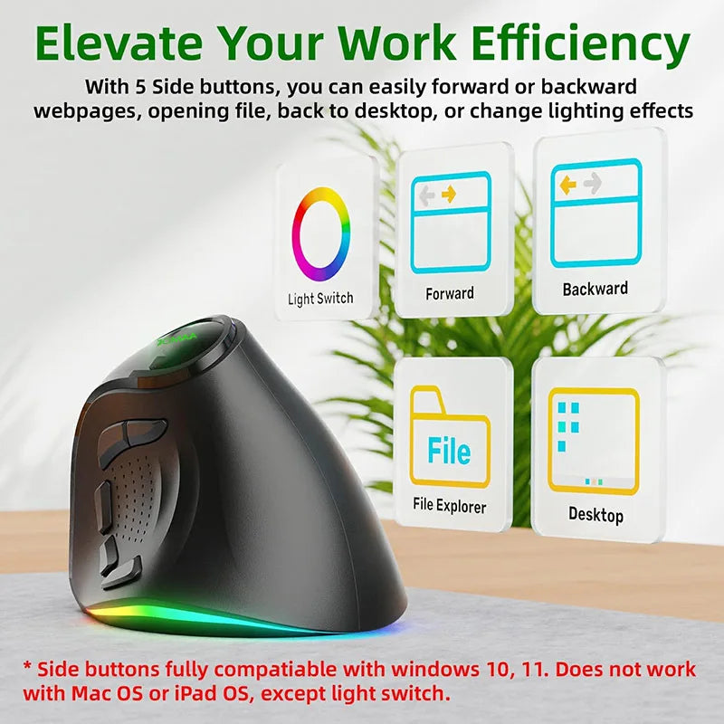 9 Buttons RGB Backlit Ergonomic Vertical Wireless Mouse 4000 DPI BT Dual Modes Rechargeable Wireless Silent Mouse for Desktop