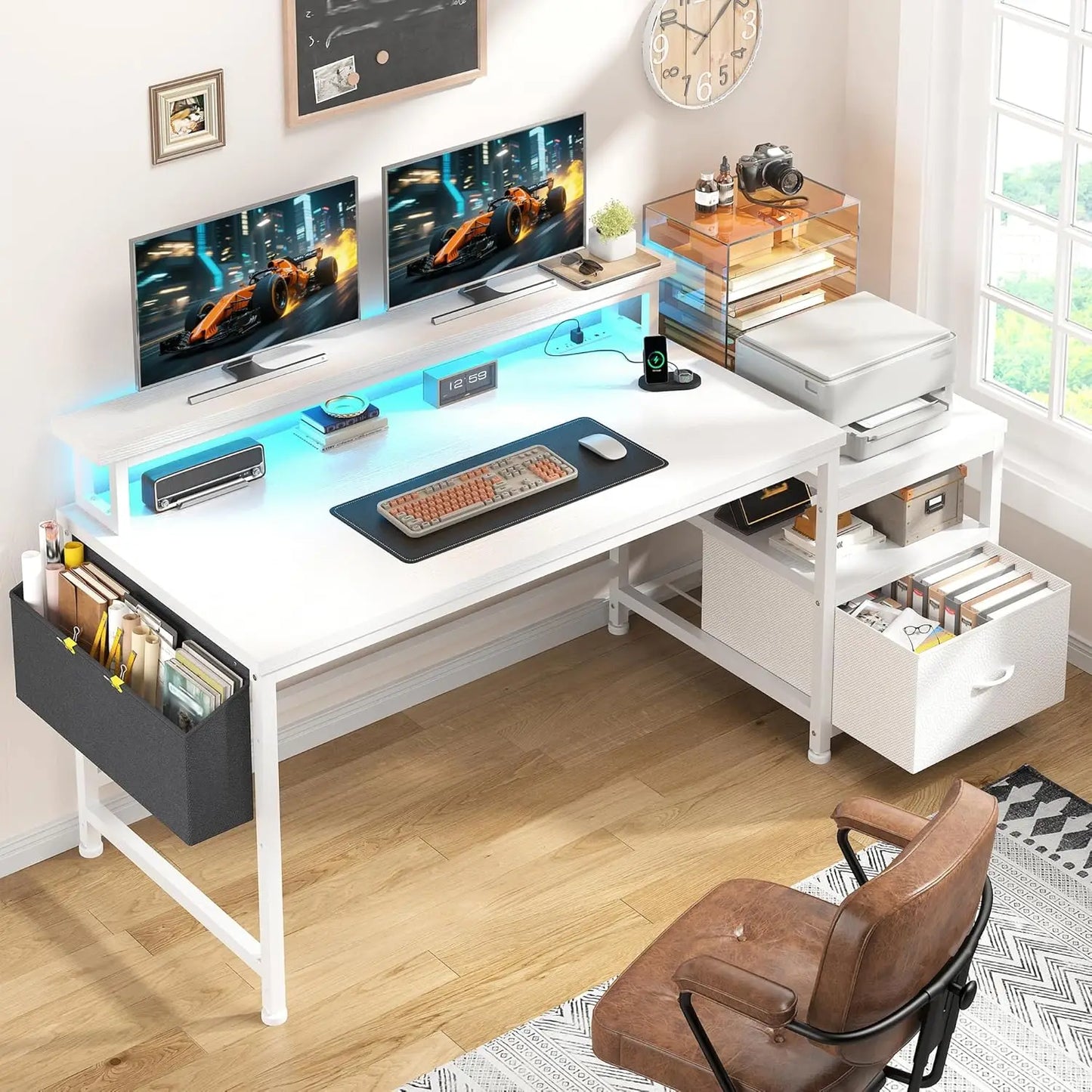 Computer Desk with Power Outlets and LED Lights,57 Home Office Desks with Drawers and Printer SpaceOffice Desk with File Drawers