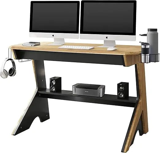 Home Office Computer Writing Desk Workstation with Two Cupholders and a Headphone Hook-Pine, 50" W x 22.5" D x 29.5" H