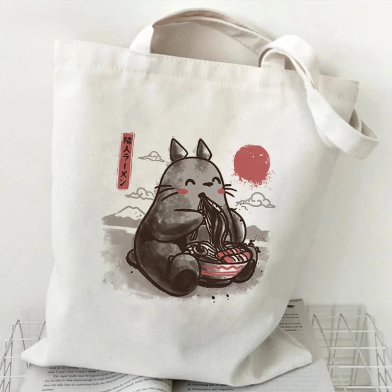 Totoro Studio Ghibli Fashion Print Ladies Shopping Bag Handbag Foldable Reusable Harajuku Style Bag Student Tote Bag Storage Bag