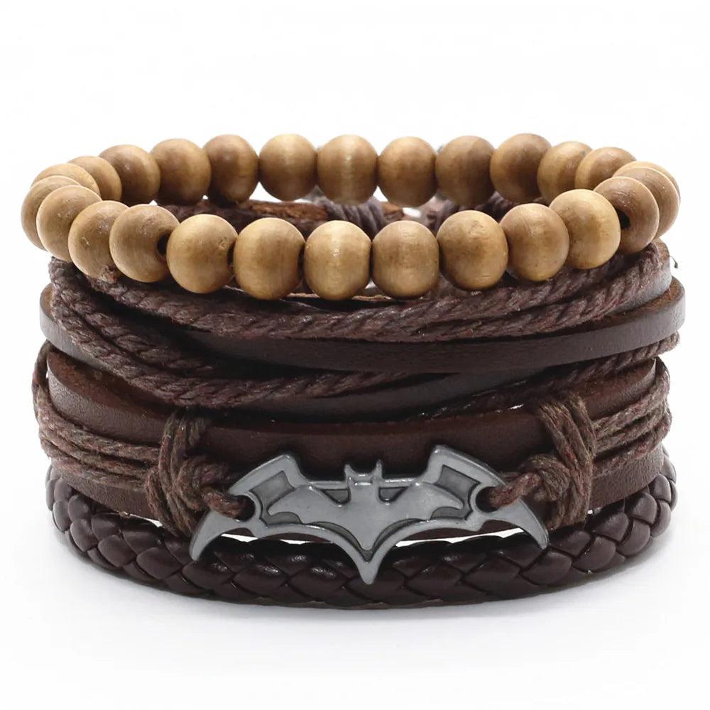 Vintage Bronze Feather Charm Leather Bracelet Set – 4 Pcs Adjustable Wrap Jewelry for Men & Women