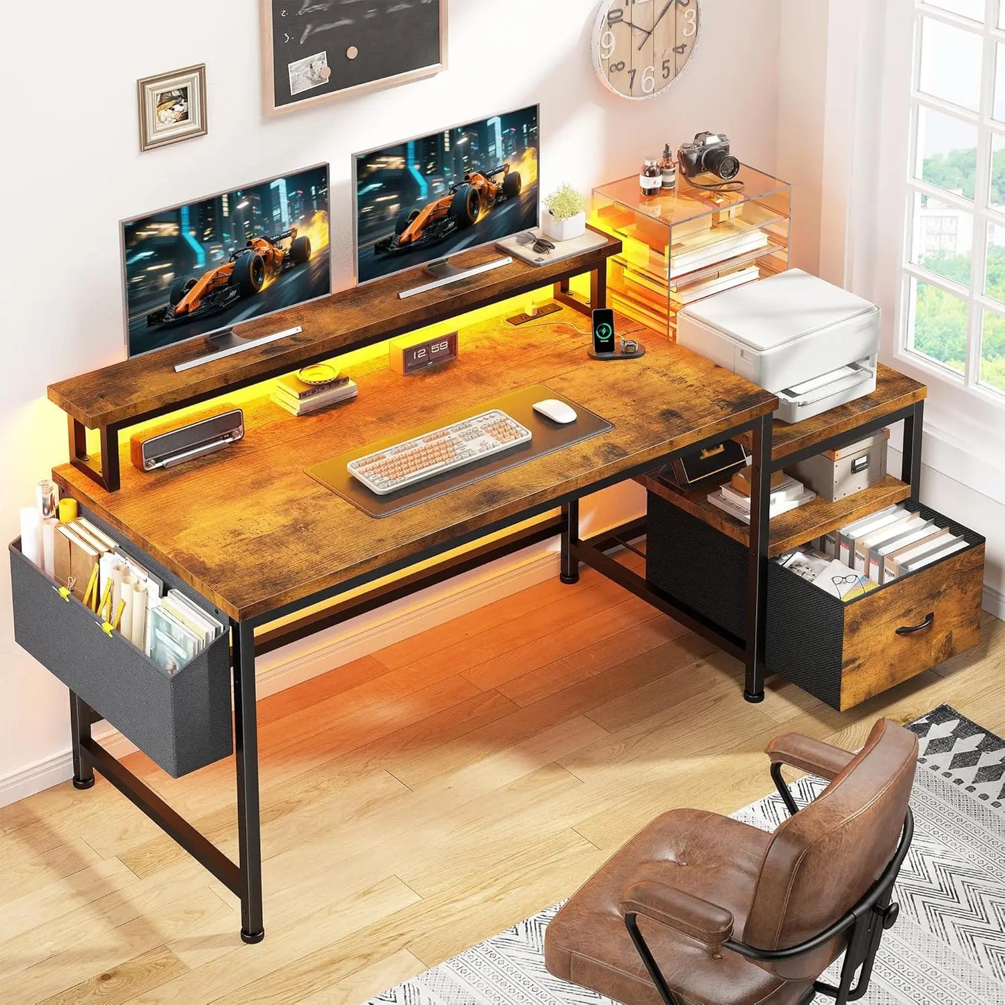 Computer Desk with Power Outlets and LED Lights,57 Home Office Desks with Drawers and Printer SpaceOffice Desk with File Drawers