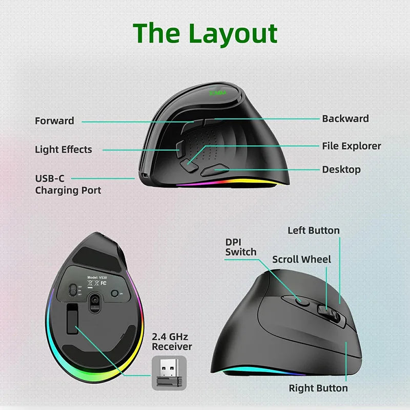 9 Buttons RGB Backlit Ergonomic Vertical Wireless Mouse 4000 DPI BT Dual Modes Rechargeable Wireless Silent Mouse for Desktop