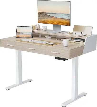 Electric Standing Desk with Drawers, 55x26 Inch Adjustable Height, Stand Up Desk with Monitor Shelf, Sit Stand Home Office Desk