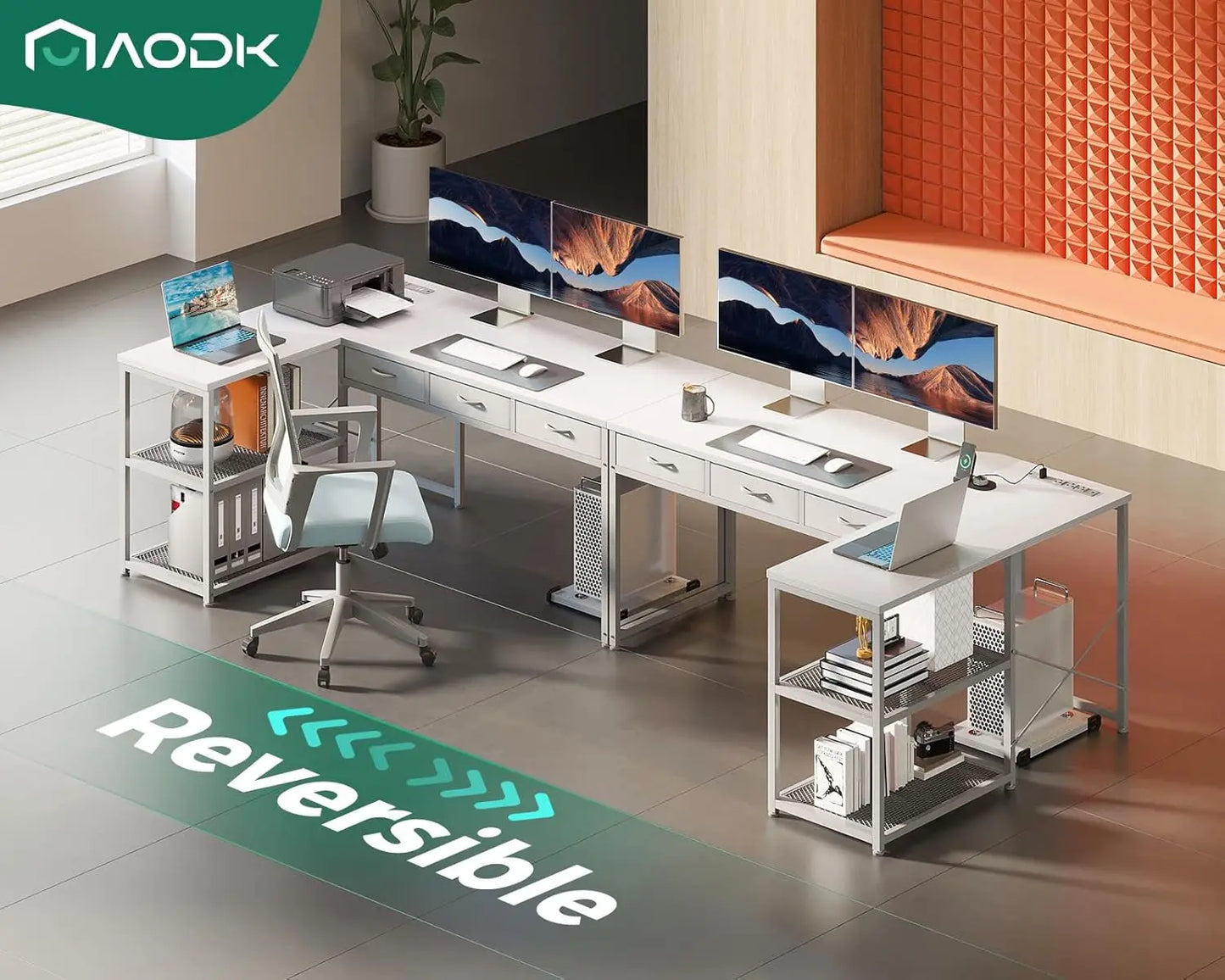 53 Inch L Shaped Computer Desk with Drawers, Corner Desk with Power Outlets & Reversible Storage Shelves, Movable CPU Stand