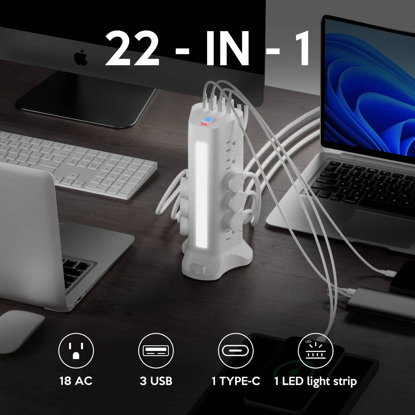 22-in-1 Power Tower with USB-C & Tri-Color Lamp | Surge Protected